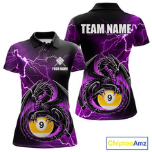 Load image into Gallery viewer, Purple thunder lightning dragon 9 ball billiard polo shirt for women with custom pool team graphics.