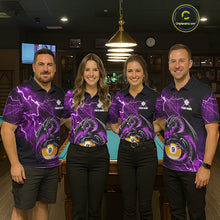 Load image into Gallery viewer, Pool team wearing matching purple thunder lightning dragon 9 ball billiard jerseys during tournament competition front view.