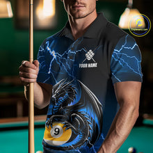 Load image into Gallery viewer, Man wearing a blue thunder lightning dragon 9 ball billiard jersey beside a pool table front view.