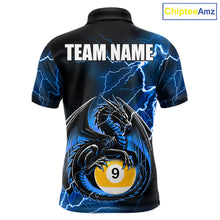 Load image into Gallery viewer, Blue thunder lightning dragon 8 ball and 9 ball billiard polo shirt for men with custom pool team graphics.