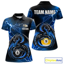 Load image into Gallery viewer, Blue thunder lightning dragon 8 ball and 9 ball billiard polo shirt for women with custom pool team graphics.