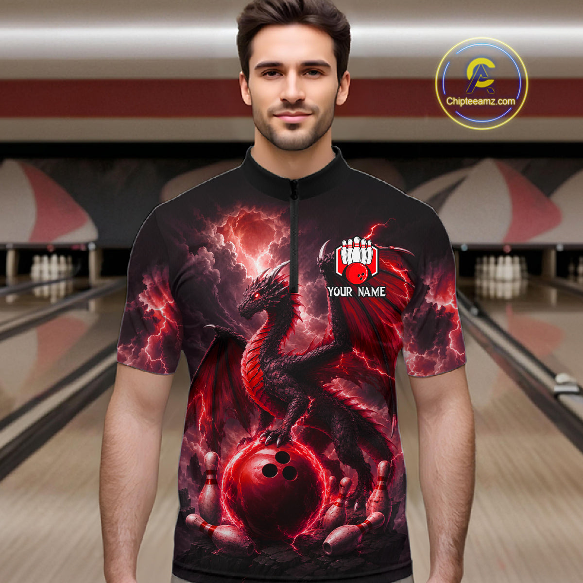Man wearing personalized red dragon bowling team jersey quarter zip shirt featuring red dragon artwork, front view.