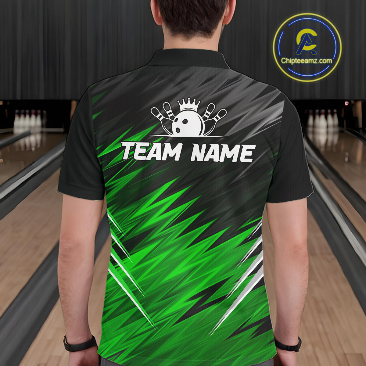 Man wearing personalized black and green bowling team jersey polo shirt featuring black and green bowling artwork, back view.