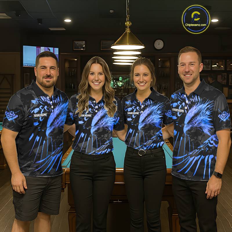 Custom Black And Blue 8 Ball Pool Eagle Paint Billiard Shirts For Women Team League Billiard Jerseys TDM5522