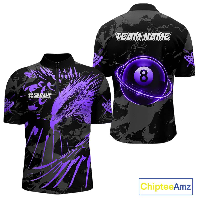 Custom Black And Purple 8 Ball Pool Eagle Paint Billiard Shirt For Men Team League Billiard Jersey TDM5523