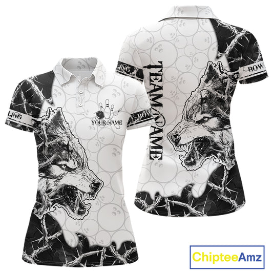 White Black Thorny Camo Wolf Bowling Shirt For Women Custom Bowling Team Jersey Polo & 1/4 Zip TDM6390