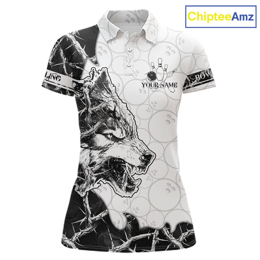 White Black Thorny Camo Wolf Bowling Shirt For Women Custom Bowling Team Jersey Polo & 1/4 Zip TDM6390