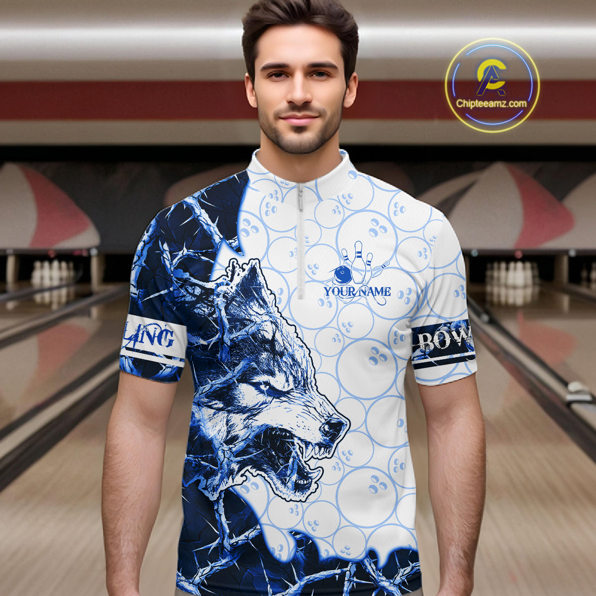 Personalized Blue Thorny Camo Wolf Bowling Shirt For Men Custom Bowling Team Jersey Polo & 1/4 Zip TDM6391