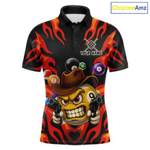 Load image into Gallery viewer, Red funny flame 9 ball billiard polo shirt for men with custom pool team graphics.