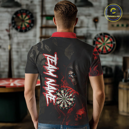 Red Grim Reaper Flame Darts Shirt For Men Custom Skull Darts Jersey Team Polo & Quarter Zip TDM5529