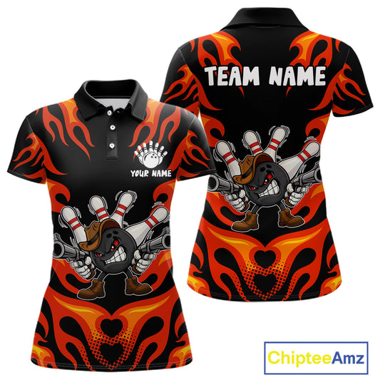 Personalized Orange Funny Flame Bowling Shirt For Women, Fire Bowling Team Jersey Polo & 1/4 Zip TDM6163