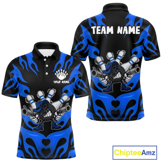 Personalized Blue Funny Flame Bowling Shirt For Men, Fire Bowling Team Jersey Polo & 1/4 Zip TDM6164
