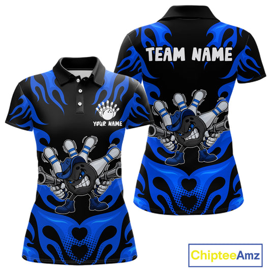 Personalized Blue Funny Flame Bowling Shirt For Women, Fire Bowling Team Jersey Polo & 1/4 Zip TDM6164