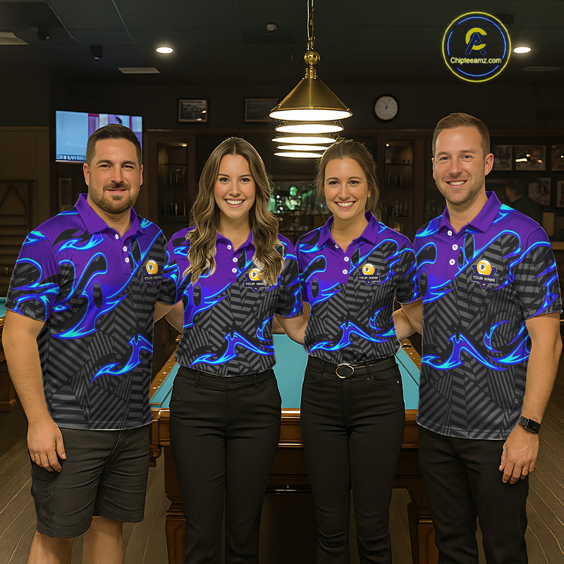Personalized Blue Purple 9 Ball Pool Billiards Shirts For Men, Billiard Team Jersey Polo &1/4 Zip TDM6403