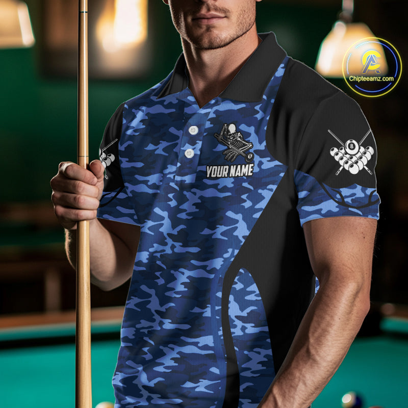 Personalized Blue Camo Skull Billiard Shirt For Men, 8 Ball Billiard Team Jersey Polo & 1/4 Zip TDM6399