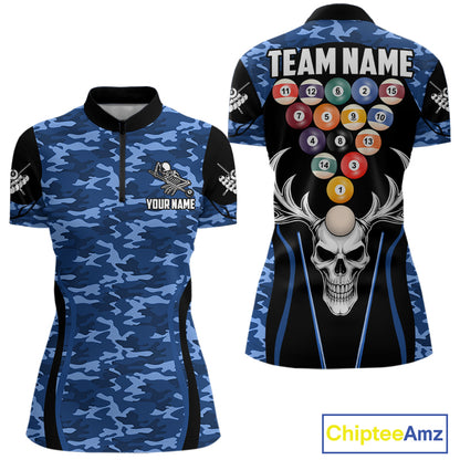 Personalized Blue Camo Skull Billiard Shirt For Women, 8 Ball Billiard Team Jersey Polo & 1/4 Zip TDM6399