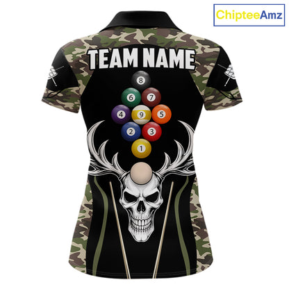 Personalized Green Camo Skull Billiard Shirt For Women, 9 Ball Billiard Team Jersey Polo & 1/4 Zip TDM6401