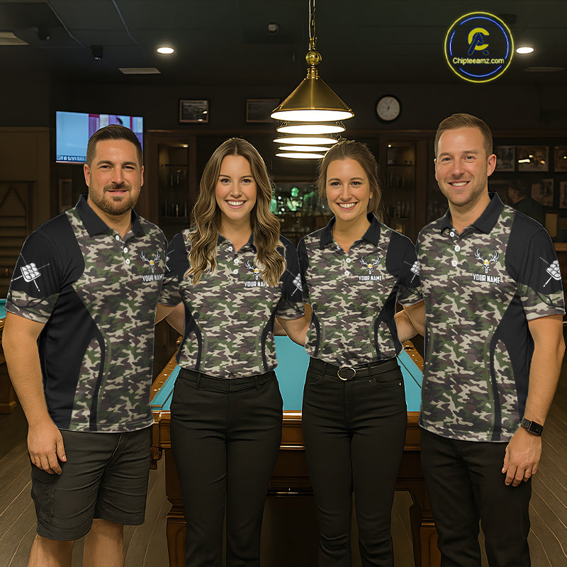 Personalized Green Camo Skull Billiard Shirt For Men, 9 Ball Billiard Team Jersey Polo & 1/4 Zip TDM6401