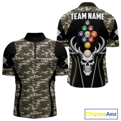 Personalized Green Camo Skull Billiard Shirt For Men, 9 Ball Billiard Team Jersey Polo & 1/4 Zip TDM6401