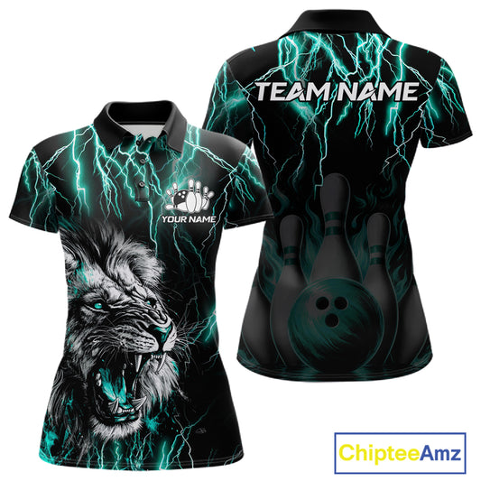 Black and turquoise thunder lightning lion bowling team polo shirt for women with custom league graphics.