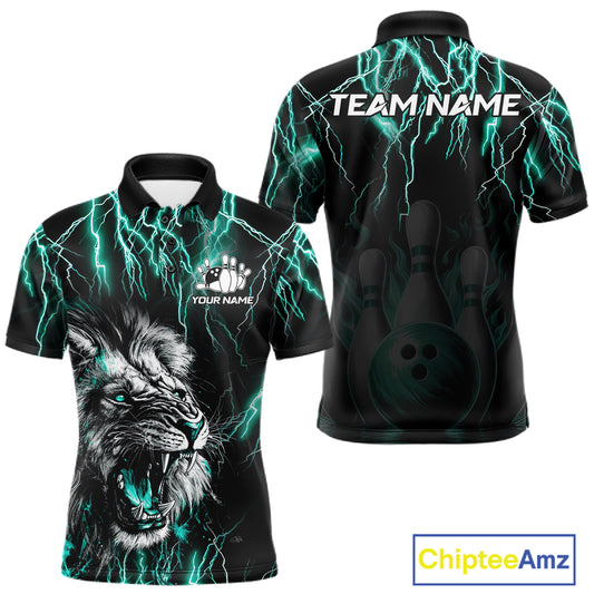 Black and turquoise thunder lightning lion bowling team polo shirt for men with custom league graphics.