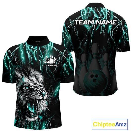 Black and turquoise thunder lightning lion quarter zip bowling shirt for men, custom bowling team jersey and tournament apparel.