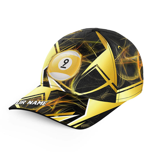 Personalized Yellow Black 9 Ball Pool Billiard Baseball Caps, Top Hats Billiard For Pool Player TDM2098