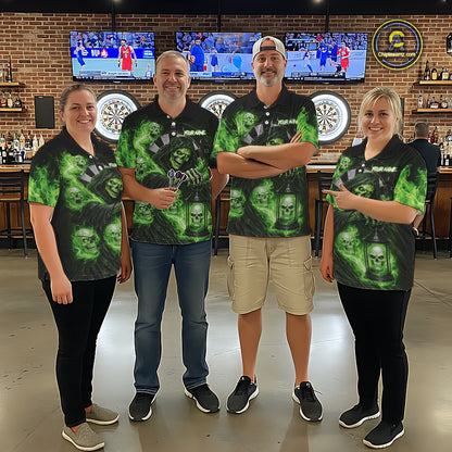Green Grim Reaper Flame Darts Shirt For Men Custom Skull Darts League Jersey Team Polo & 1/4 Zip TDM5561