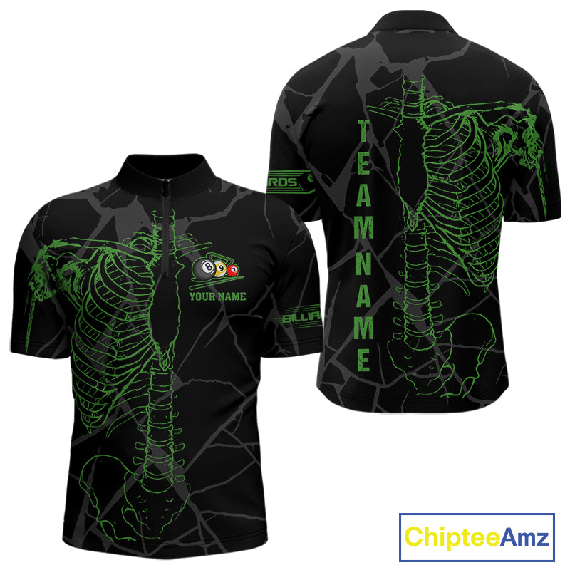Black And Green Funny Skeleton Billiard Polo & 1/4 Zip For Men Custom Billiard Pool Team Jersey TDM5797