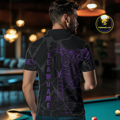 Black And Purple Funny Skeleton Billiard Polo & 1/4 Zip For Men Custom Billiard Pool Team Jersey TDM5798