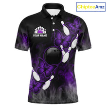 Load image into Gallery viewer, Black And Purple Custom Butterfly Bowling Shirt For Men, Bowling Team Jersey Polo &amp; 1/4 Zip Shirt TDM6180