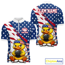 Load image into Gallery viewer, A quarter zip shirts with a duck holding a bowling ball design, one with an American flag pattern and customized name text
