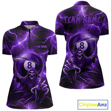 Load image into Gallery viewer, Purple Grim Reaper 8 Ball Women's Billiard Shirt Custom Thunder Lightning Halloween Pool Team Jersey TDM4874