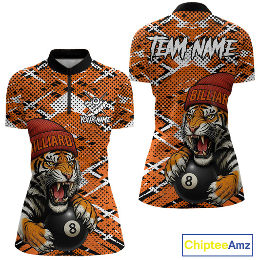Personalized Orange Black Grunge Tiger Billiard Shirt For Women Custom 8 Ball Pool Team Jersey TDM5100