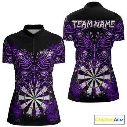 Purple Dartboard Butterfly Skull Darts Shirt For Women Custom Darts Team Jersey Polo & 1/4 Zip TDM5582