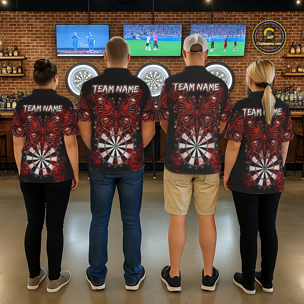 Red Dartboard Butterfly Skull Darts Shirt For Women Custom Darts League Team Jersey Polo & 1/4 Zip TDM5583