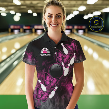 Pink Black Custom Butterfly Bowling Shirt For Women, Smoke Bowling Team Jersey Polo & 1/4 Zip Shirt TDM6423