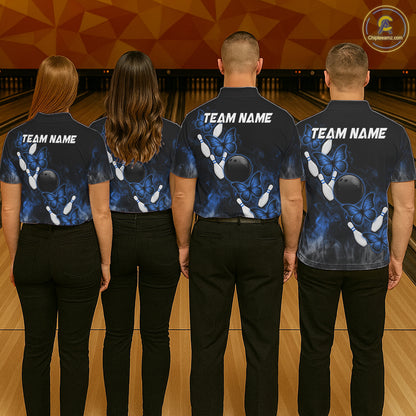 Black And Blue Custom Butterfly Bowling Shirt For Women, Smoke Bowling Team Jersey Polo & 1/4 Zip TDM6424