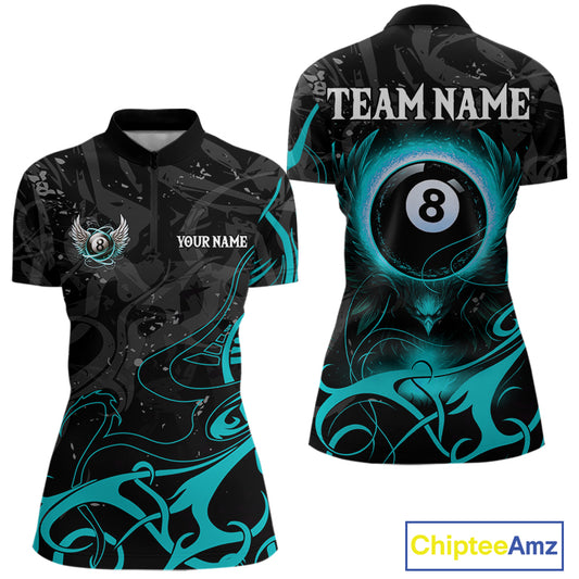 Personalized Black & Turquoise 8 Ball Wings Billiard Shirt For Women Custom Tribal Pool Team Jersey TDM4686