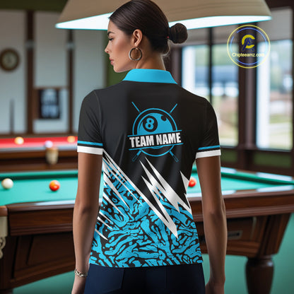 Personalized 8 Ball Billiard Jersey For Women Custom Black & Cyan Blue Pool Team Shirt Polo, 1/4 Zip TDM5107