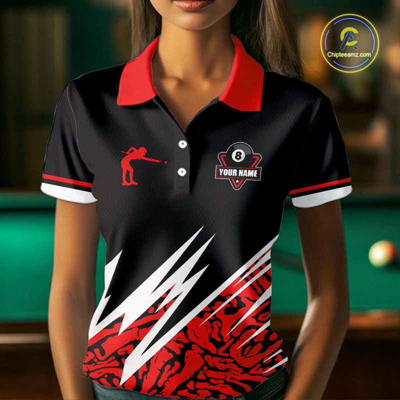Personalized 8 Ball Billiard Jersey For Women Custom Black And Red Pool Team Shirt Polo & 1/4 Zip TDM5108