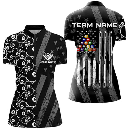 Custom Black Retro US Flag Billiard Polo & Quarter-Zip Shirts For Women, Patriotic Pool Player Shirts TDM1710