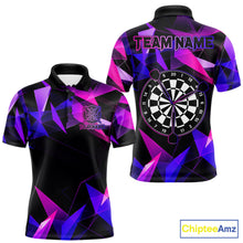 Load image into Gallery viewer, Pink and purple darts polo shirt with geometric design and dartboard, customizable name and team name