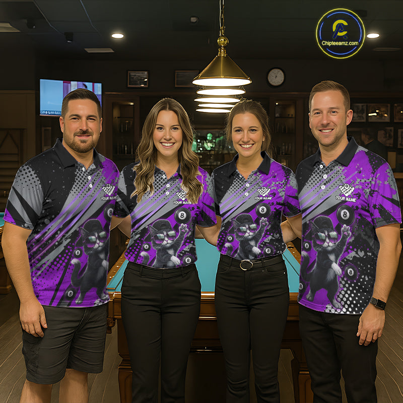 Custom Purple Funny Cat Billiard Shirt For Men, Personalized 8 Ball Pool Team Jersey Polo & 1/4 Zip TDM6443