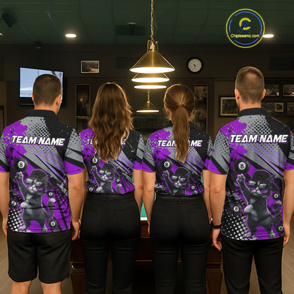 Custom Purple Funny Cat Billiard Shirt For Men, Personalized 8 Ball Pool Team Jersey Polo & 1/4 Zip TDM6443