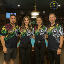 Load image into Gallery viewer, Pool team wearing matching tribal 8 ball billiard jerseys during league play front view.