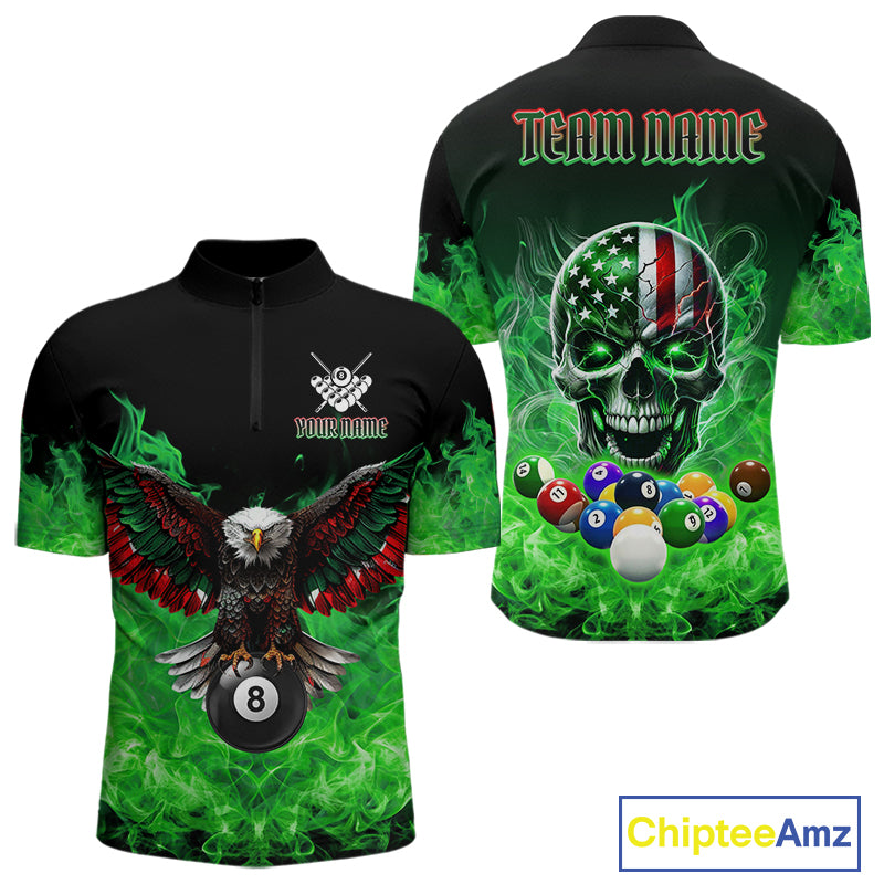 Men’s green flame eagle skull quarter zip billiard shirt with American flag artwork.