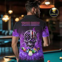 Load image into Gallery viewer, Back view of man wearing a purple flame eagle skull pool team shirt in a billiards hall.
