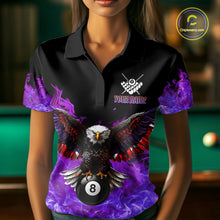 Load image into Gallery viewer, Woman wearing a purple flame eagle skull billiard jersey beside a pool table front view.
