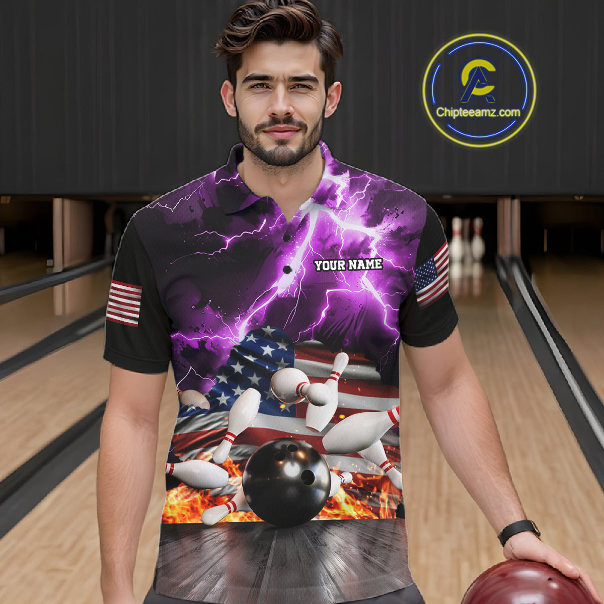 Man wearing purple lightning thunder American flag bowling quarter zip shirt front view.